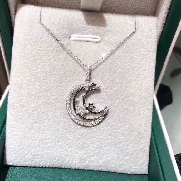 New Unisex 925 Silver Double Moon Sweet Diamond Necklace - Picture 5 of 6